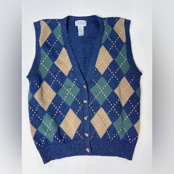 Lands End vintage argyle button down V neck sweater vest women’s size Lg (14-16) - Picture 1 of 6
